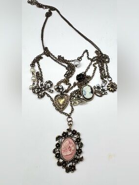 Victorian Revival Cameo Charm Necklace Bronze Whimsigoth Multi Strand Key Crown